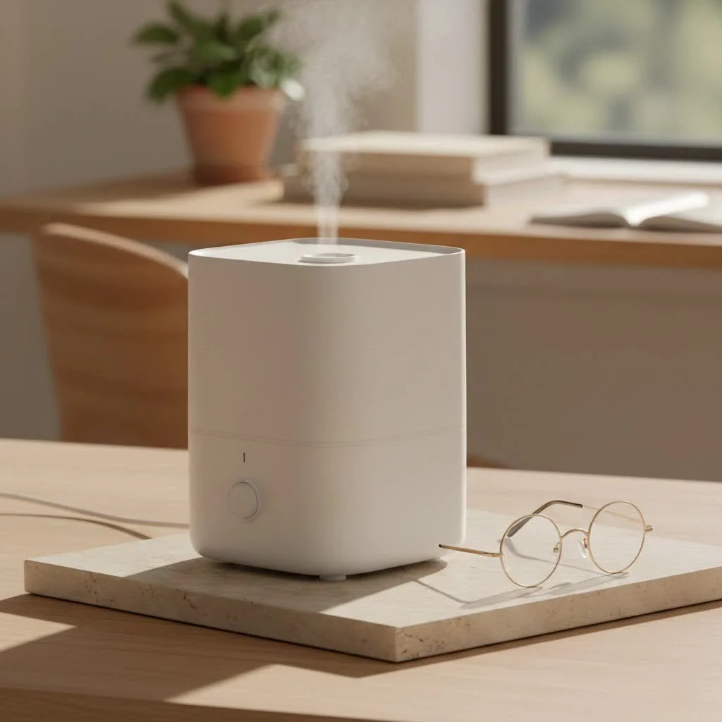 Bedroom with a humidifier on a nightstand