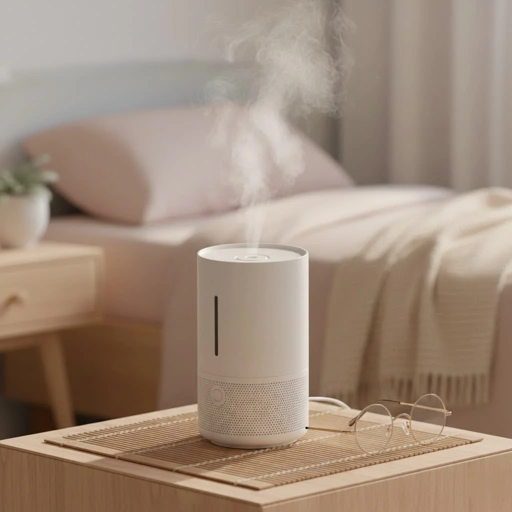 Child sleeping peacefully with a cool mist humidifier in the background