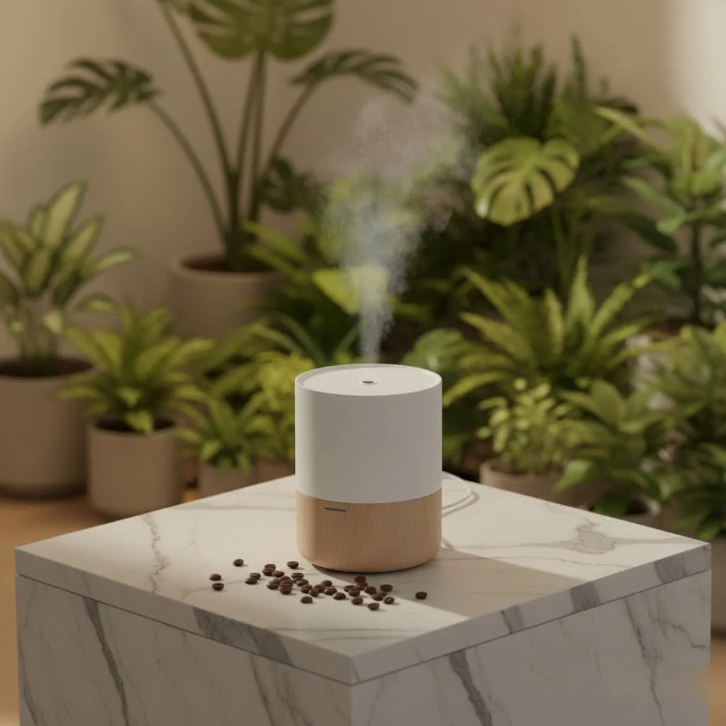 A modern humidifier releasing a fine mist into a comfortable living room