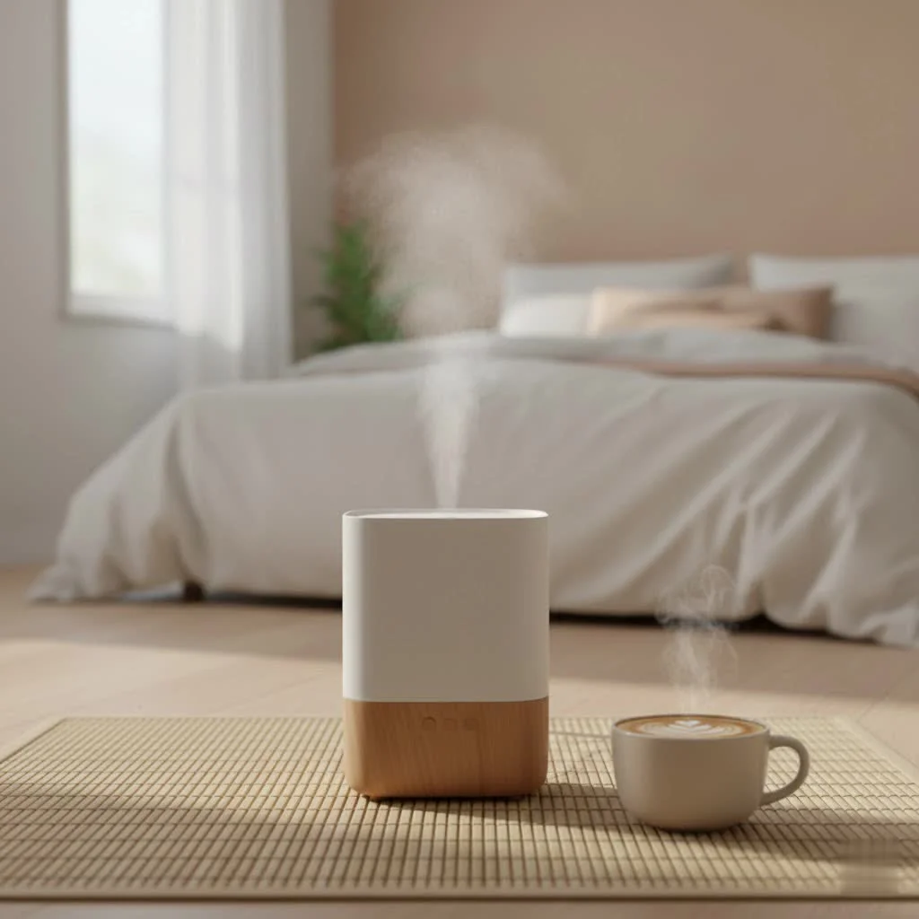 Stainless steel humidifier in a modern home setting