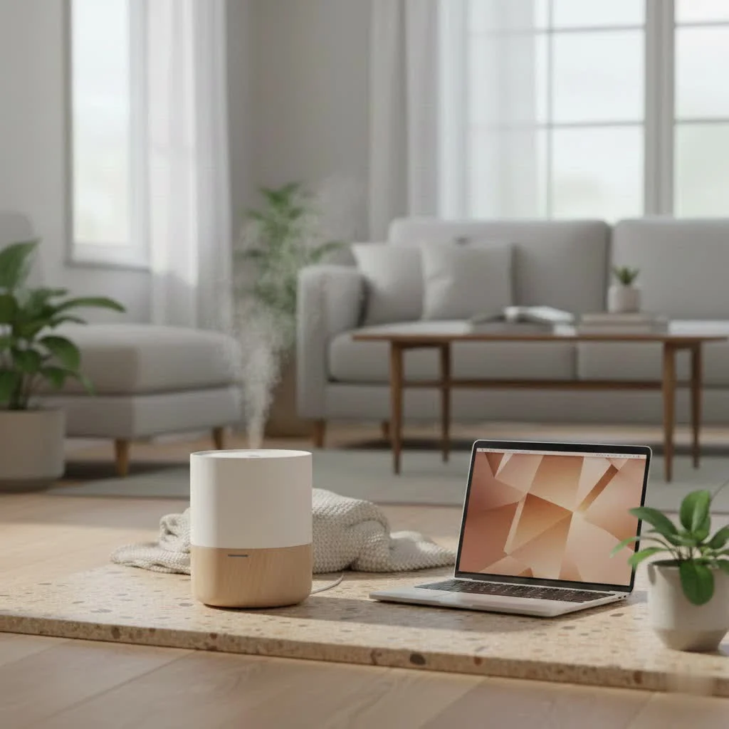 A baby sleeping soundly in a crib with a humidifier in the background