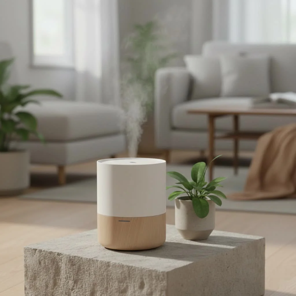 Cool mist humidifier releasing a fine mist into a room