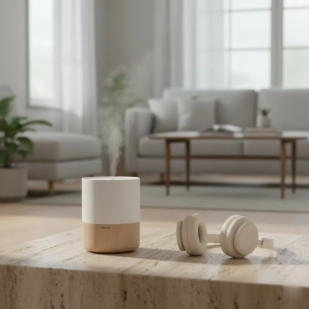 Air purifier and humidifier combo unit in a modern living room
