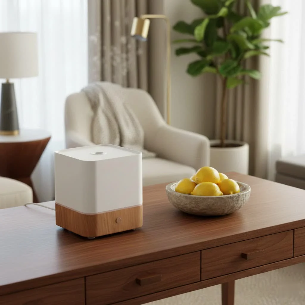 A modern humidifier releasing a fine mist into a cozy living room