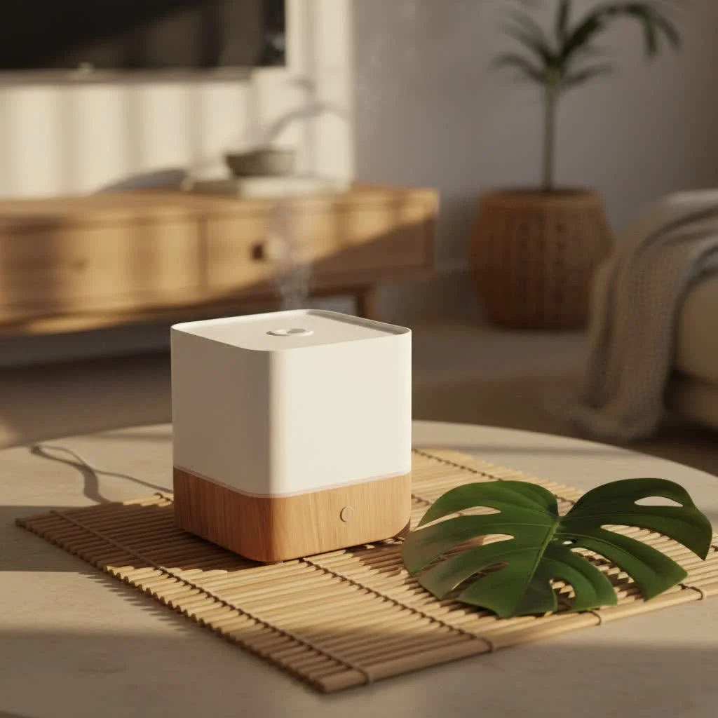 Hot mist humidifier releasing steam into a room
