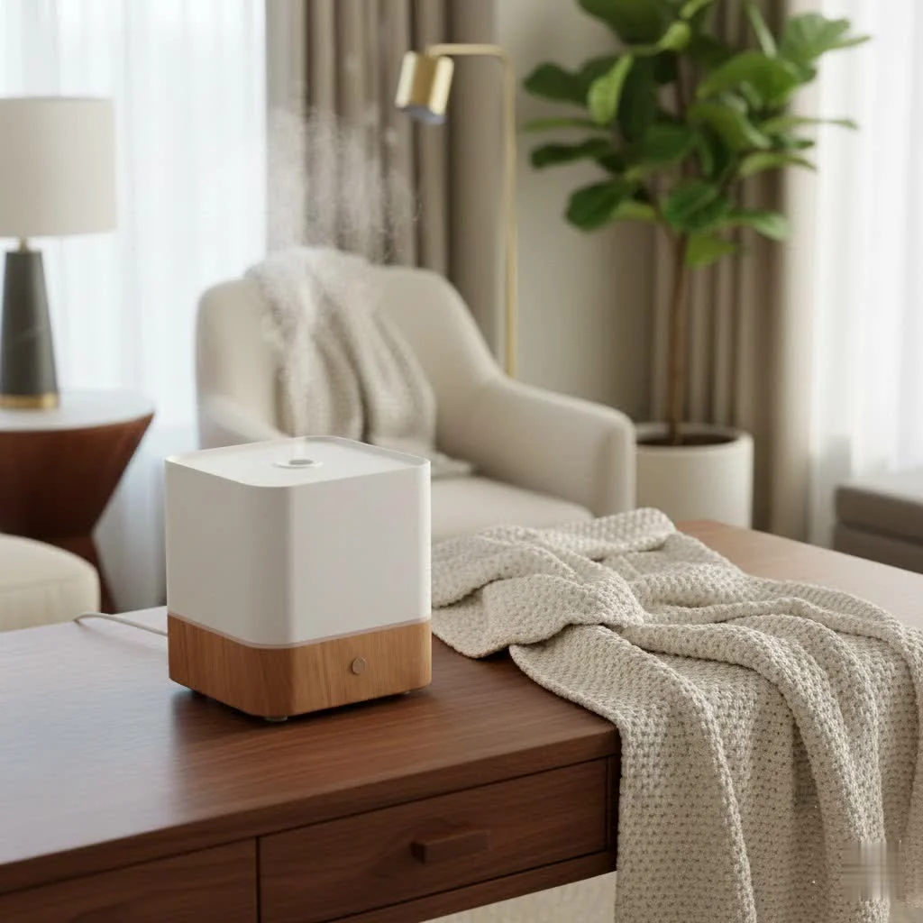 CVS humidifier on a wooden table with a plant