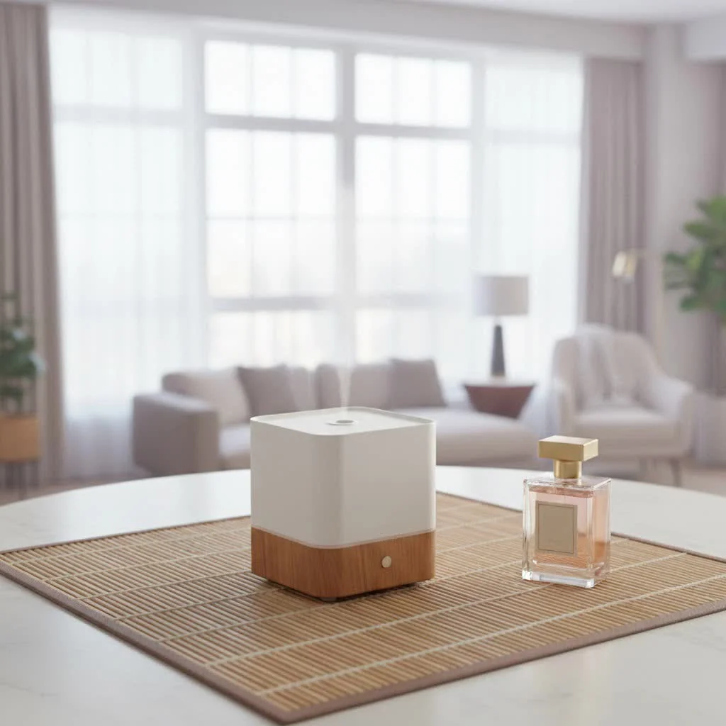 Humidifier releasing mist into a room, symbolizing relief for wheezing