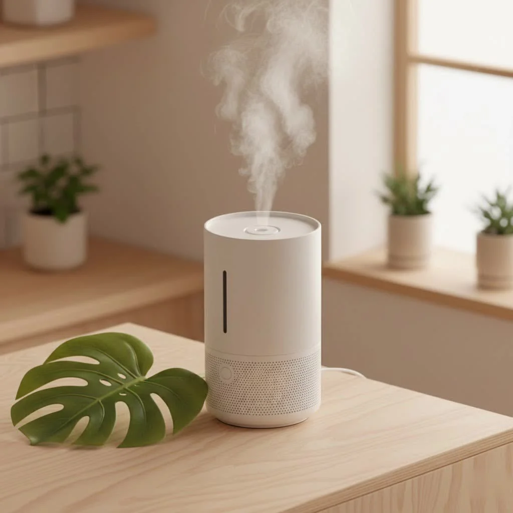 A modern home humidifier in a living room setting