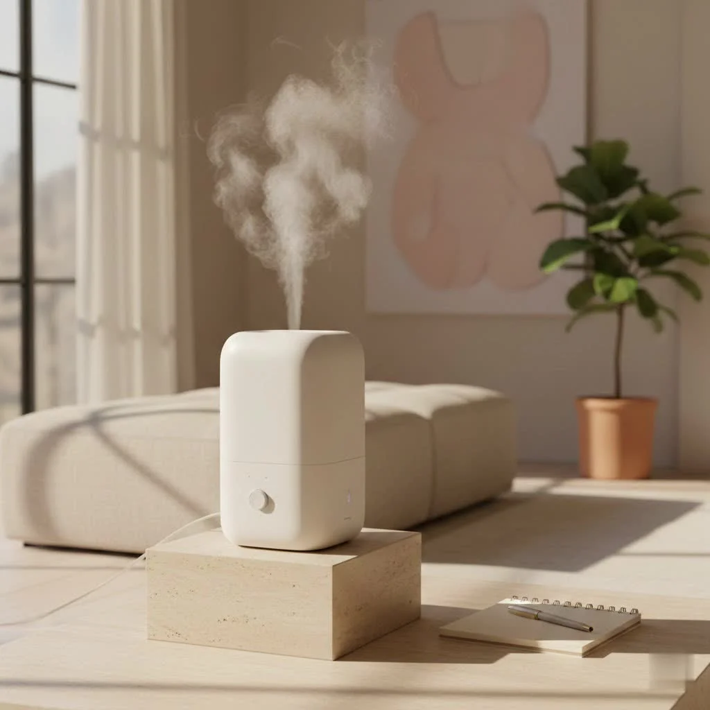 Vicks humidifier producing a fine mist in a home setting