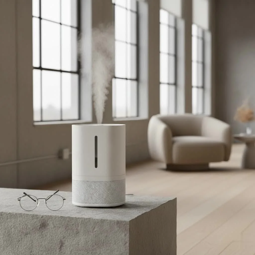 Evaporative humidifier releasing invisible moisture into a room