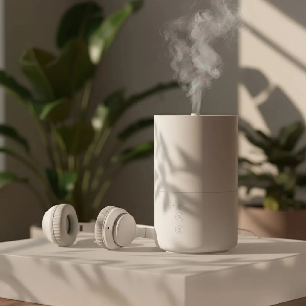 A modern humidifier releasing a fine mist into a cozy living room