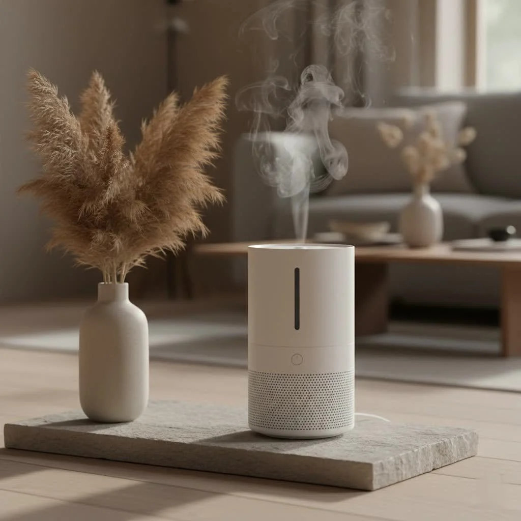 A sleek, modern humidifier emitting a fine mist into a cozy living room