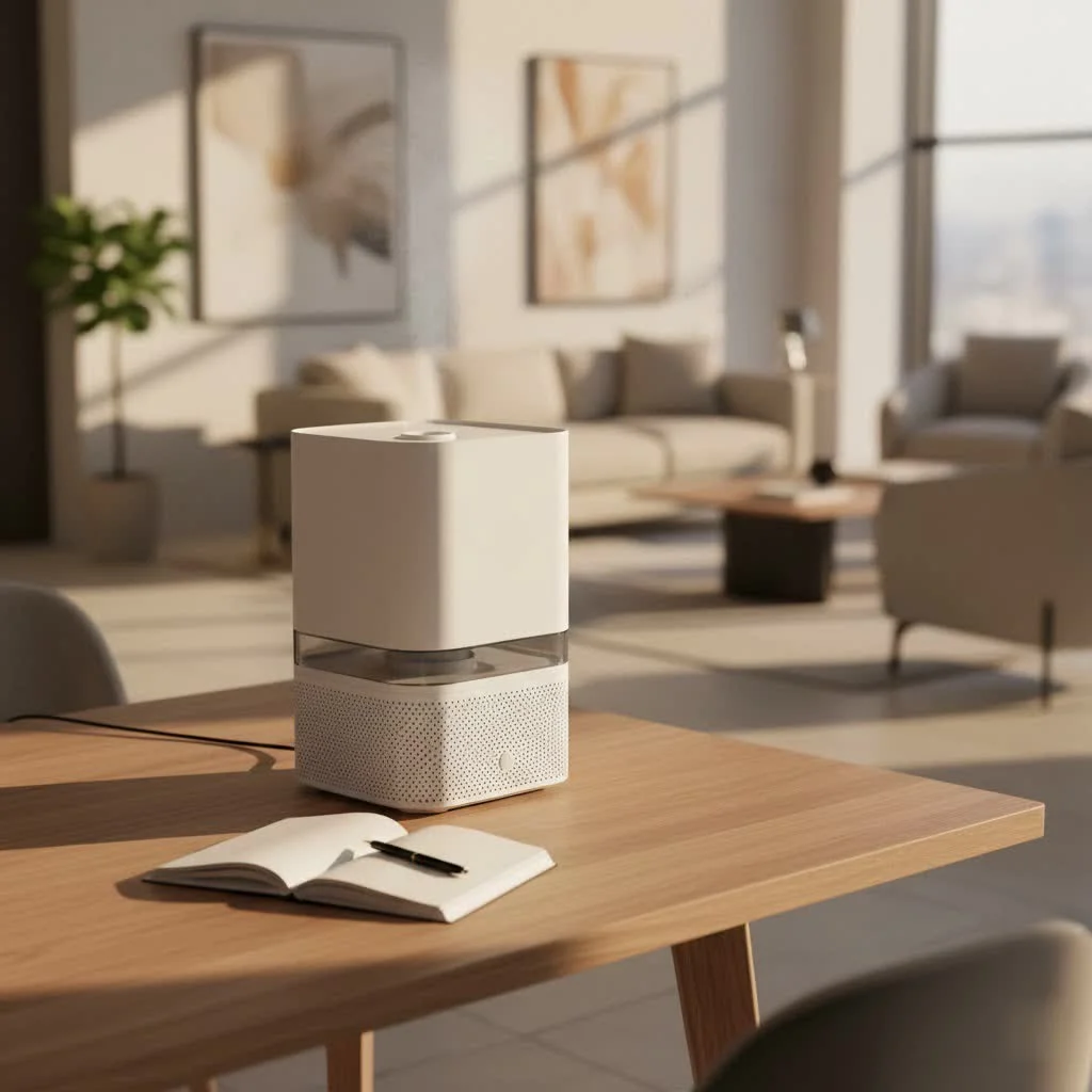 Warm mist humidifier releasing steam into a cozy room