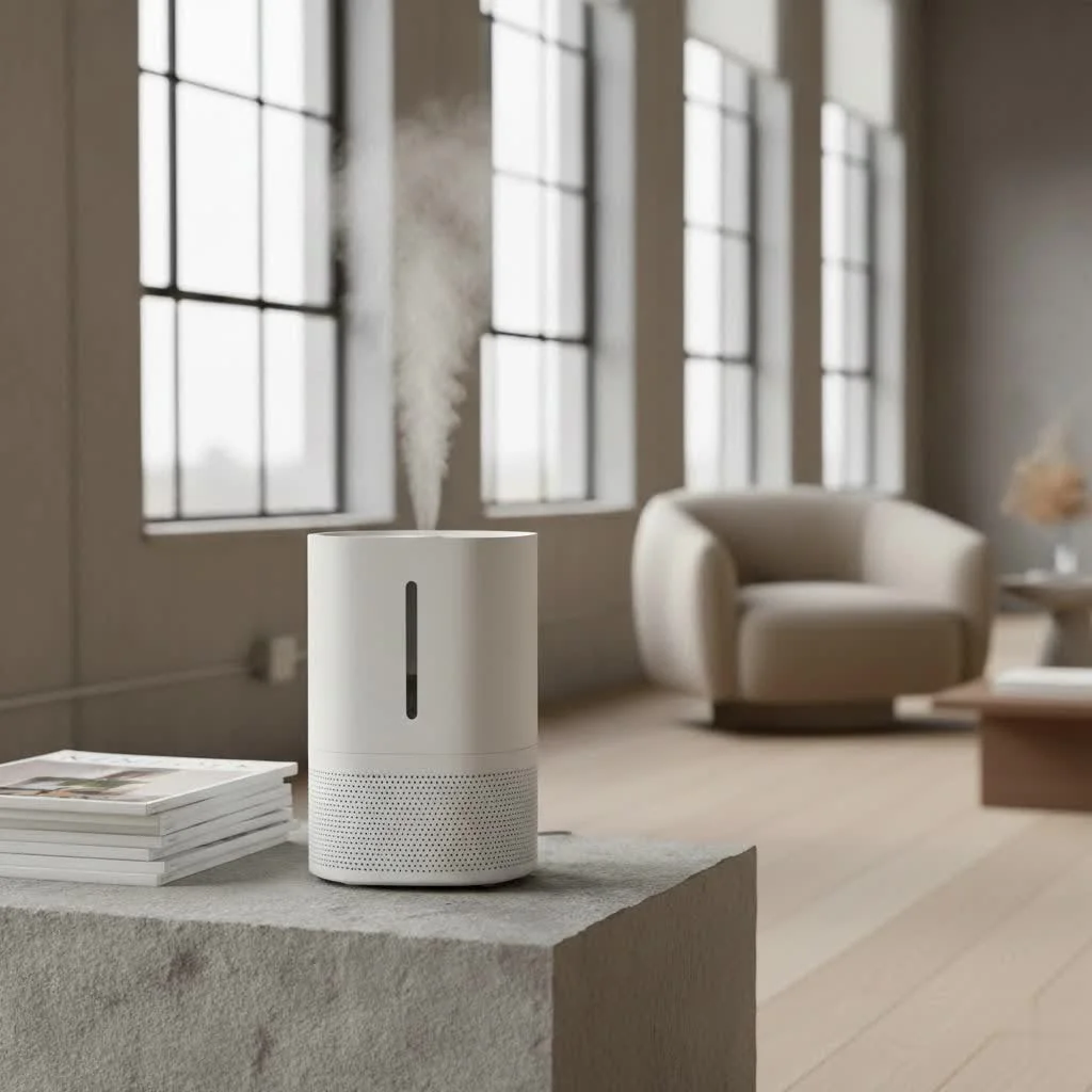 Large room humidifier dispersing a fine mist into a spacious living room