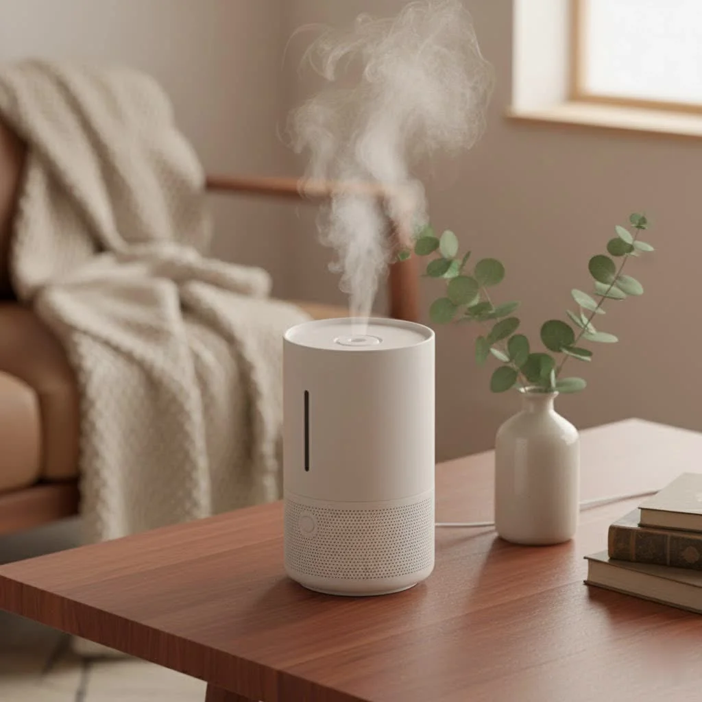 Air Innovations humidifier creating a fine mist in a modern living room