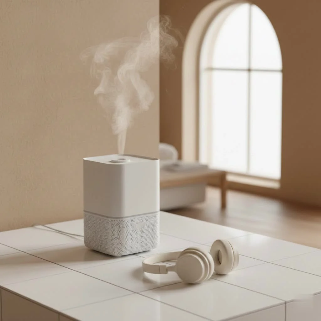 Cool mist humidifier releasing vapor into a room