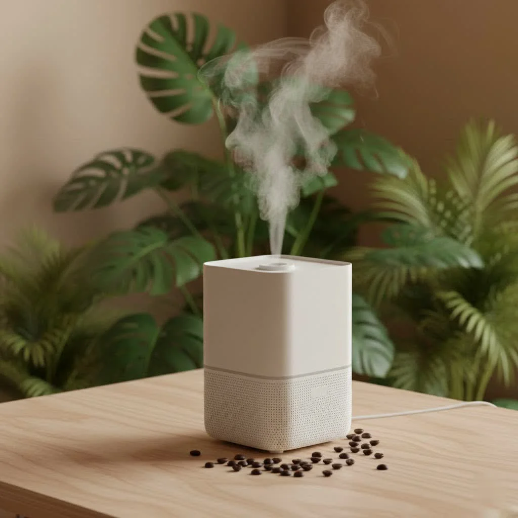 A modern humidifier releasing a fine mist into a living room