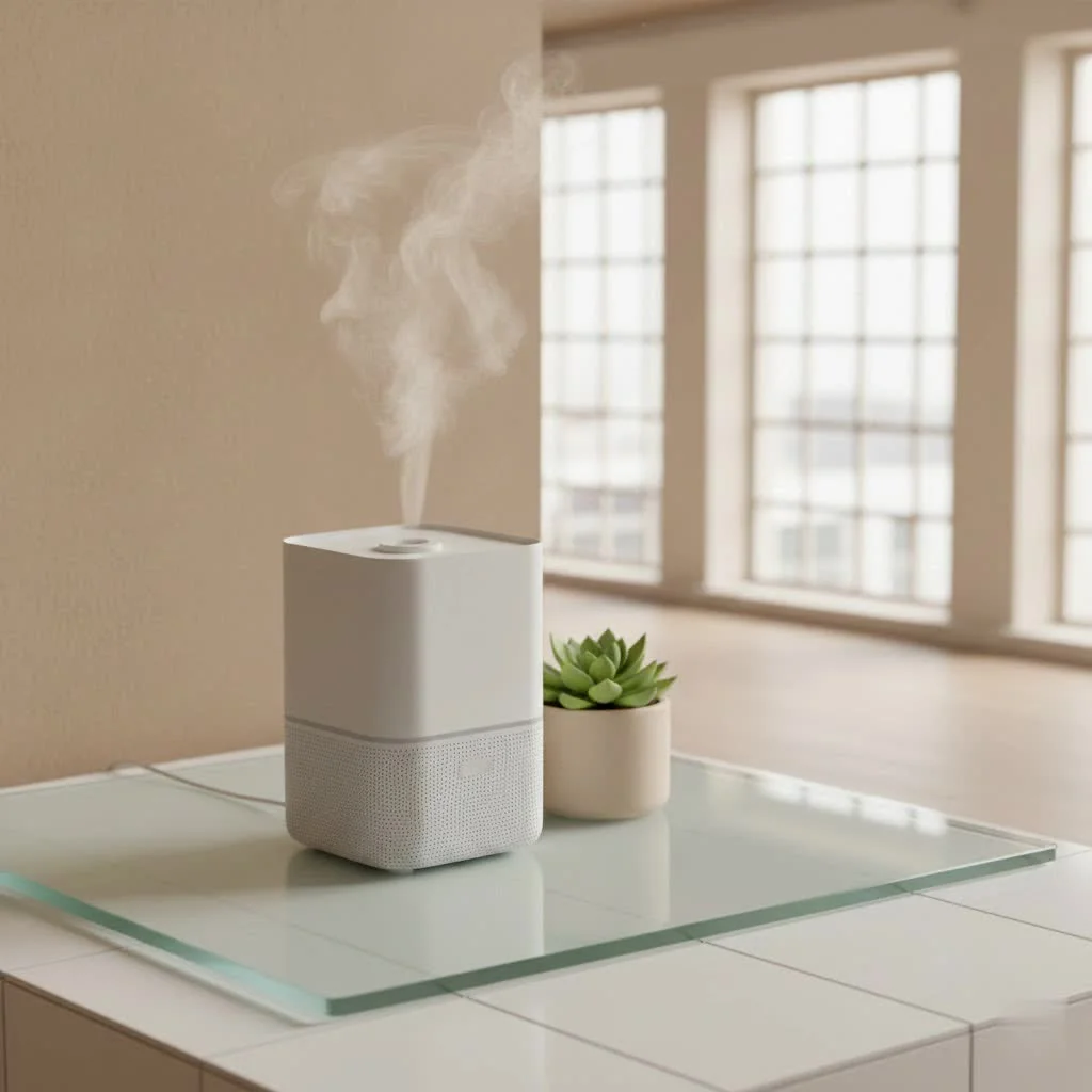Air cleaner and humidifier combo unit in a modern living room