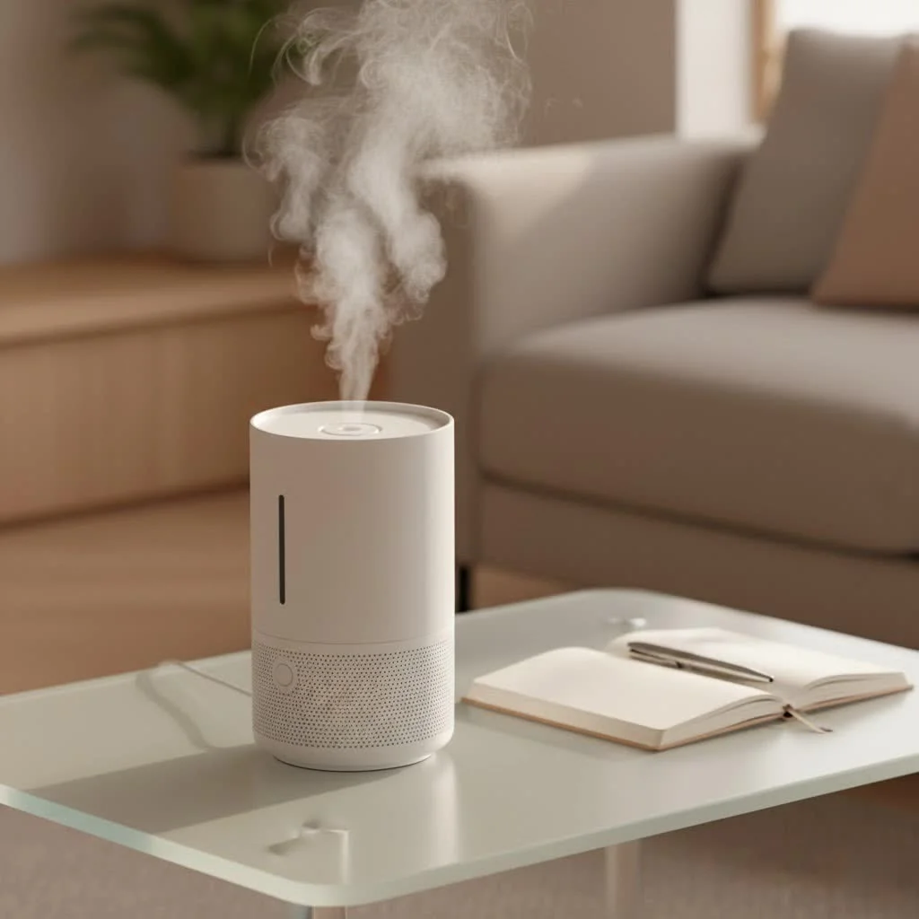 Humidifier steamer releasing warm, clean mist into a room
