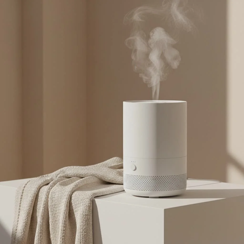 A modern humidifier releasing a fine mist into a comfortable living room