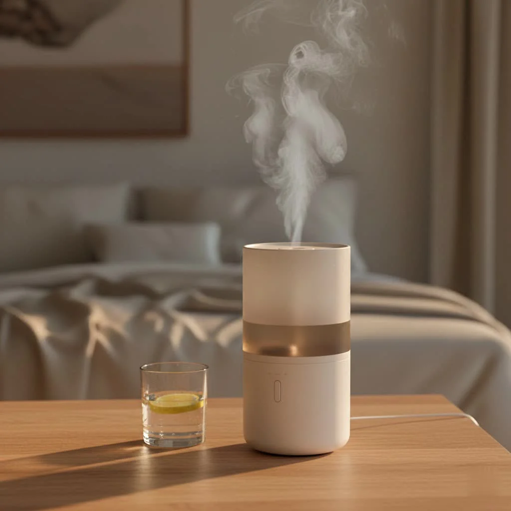 Warm air humidifier releasing steam into a cozy room