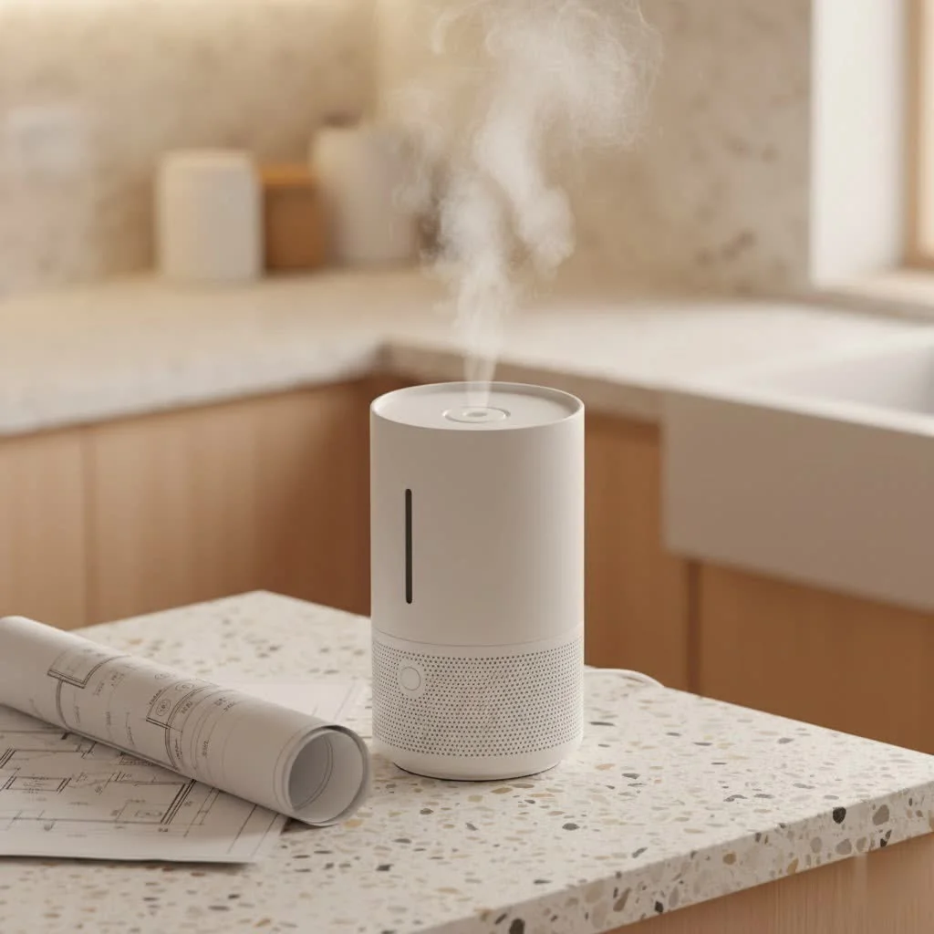 A modern humidifier for bedroom use, emitting a fine mist