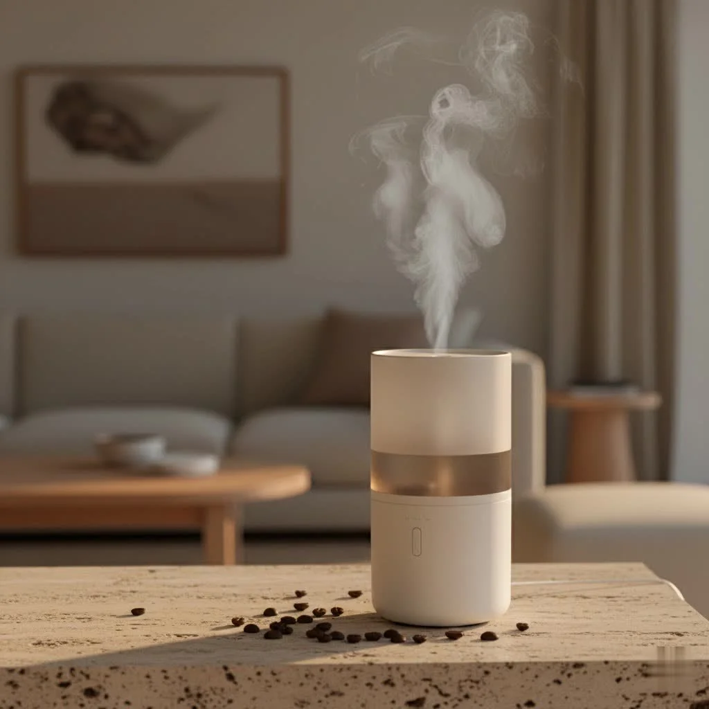 Warm mist humidifier releasing steam into a cozy room