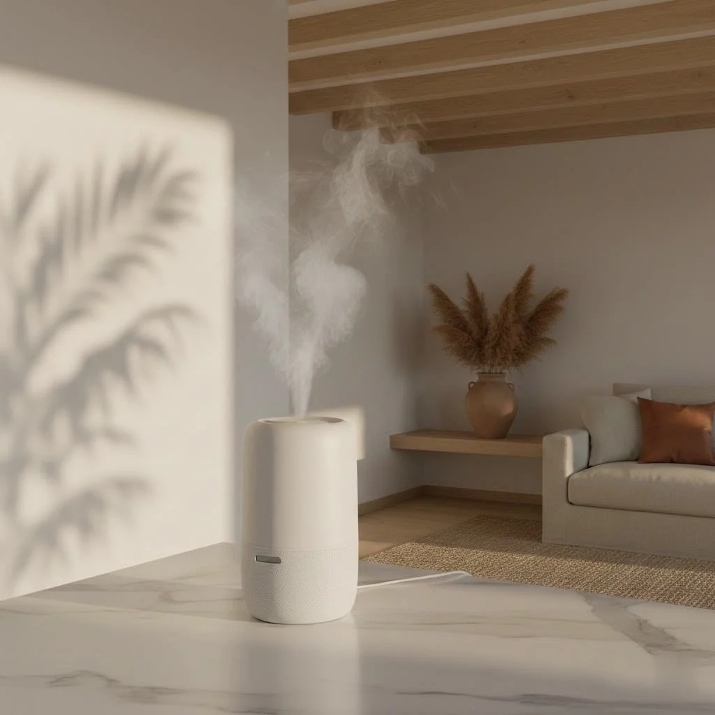 Close-up of an ultrasonic humidifier emitting a cool mist