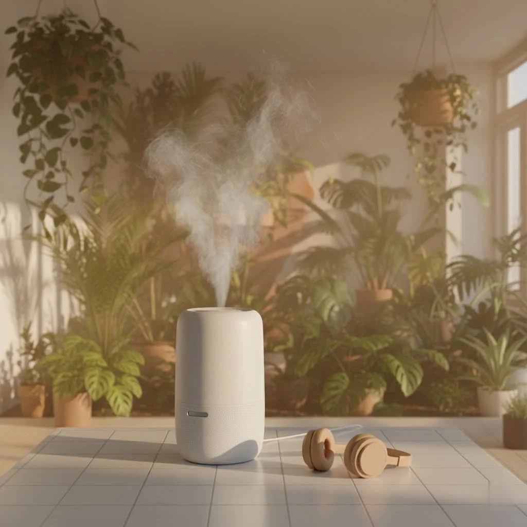Close-up of an ultrasonic humidifier emitting a cool mist