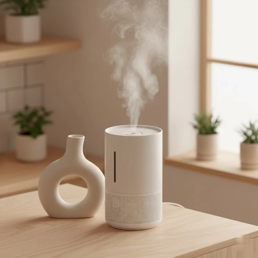 Humidifier air purifier operating in a modern living room